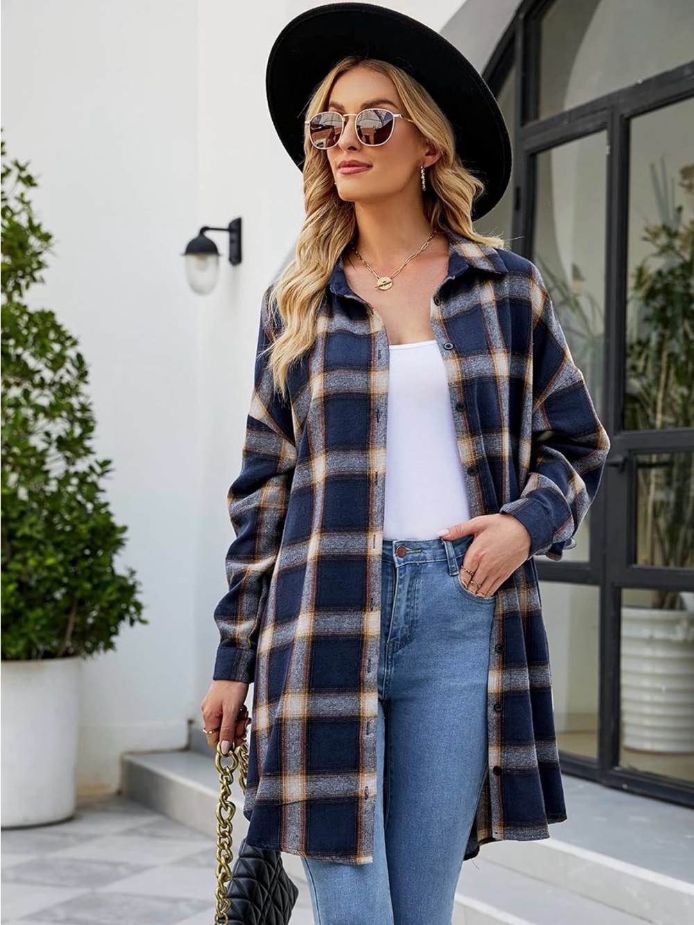Blooming Jelly Women’s Navy Plaid Button-Up Dress Shirt